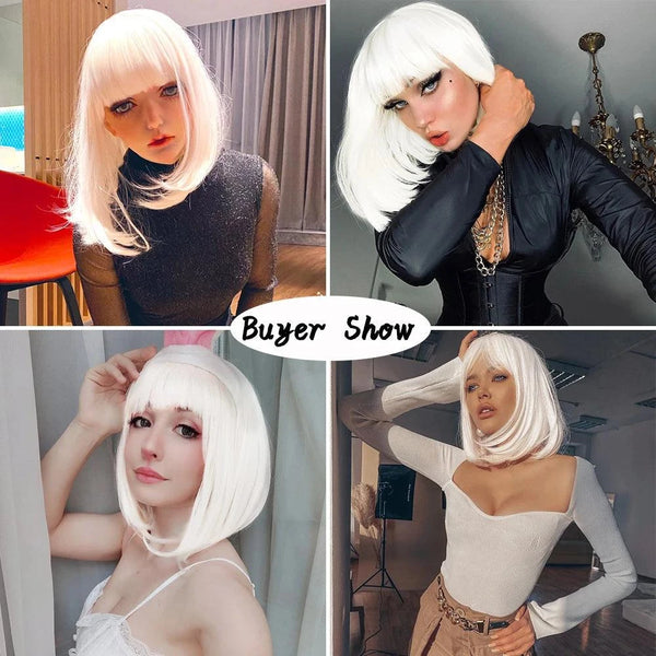 White bob wig displayed from multiple angles on a mannequin head against a gray background.