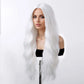 White long wavy wig shown on model and mannequin – synthetic cosplay wig with soft waves and bright bleach blonde finish