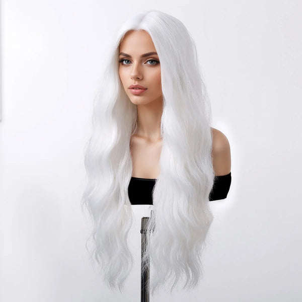 White long wavy wig shown on model and mannequin – synthetic cosplay wig with soft waves and bright bleach blonde finish