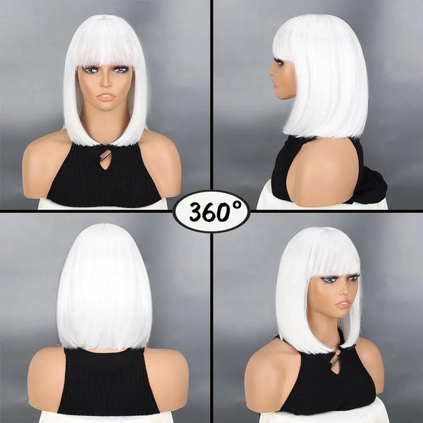 White wig displayed from multiple angles on a mannequin head against a gray background.
