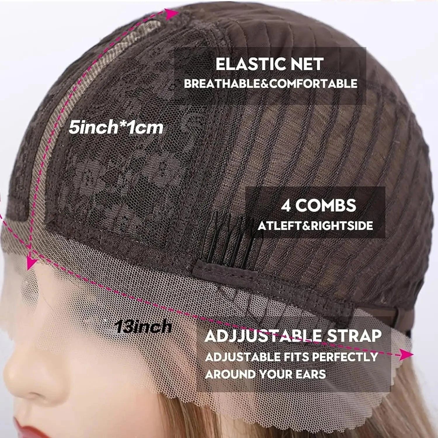 Wig cap with labeled features on a white background