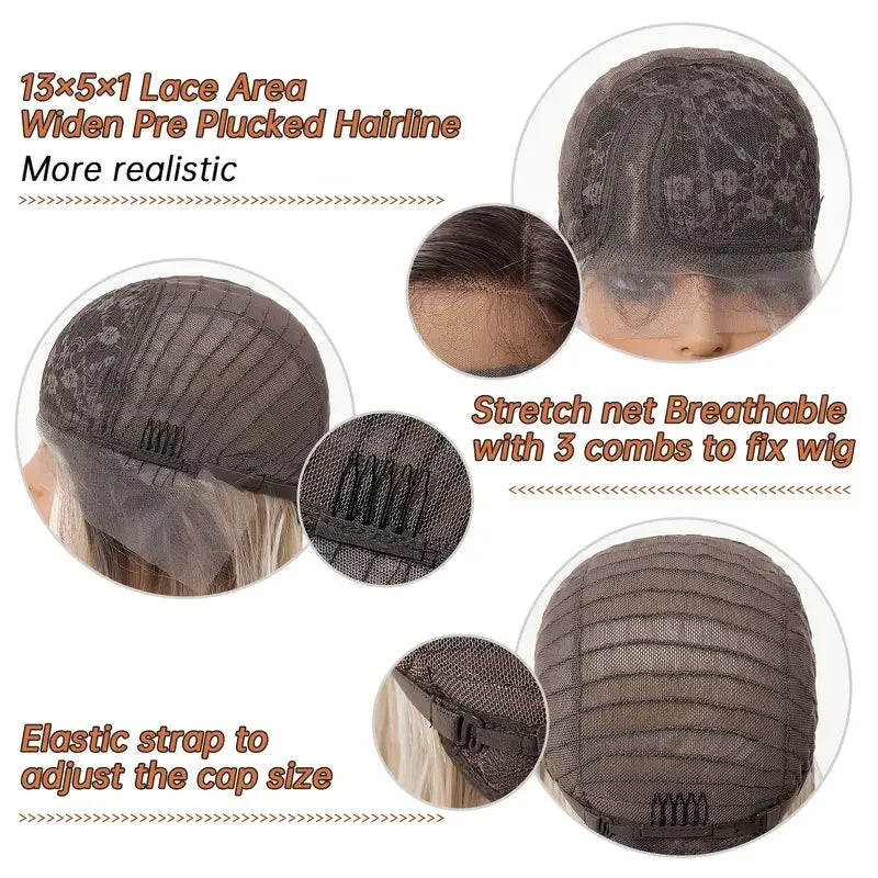 Wig cap with lace area, stretch net, and elastic strap features on a white background.