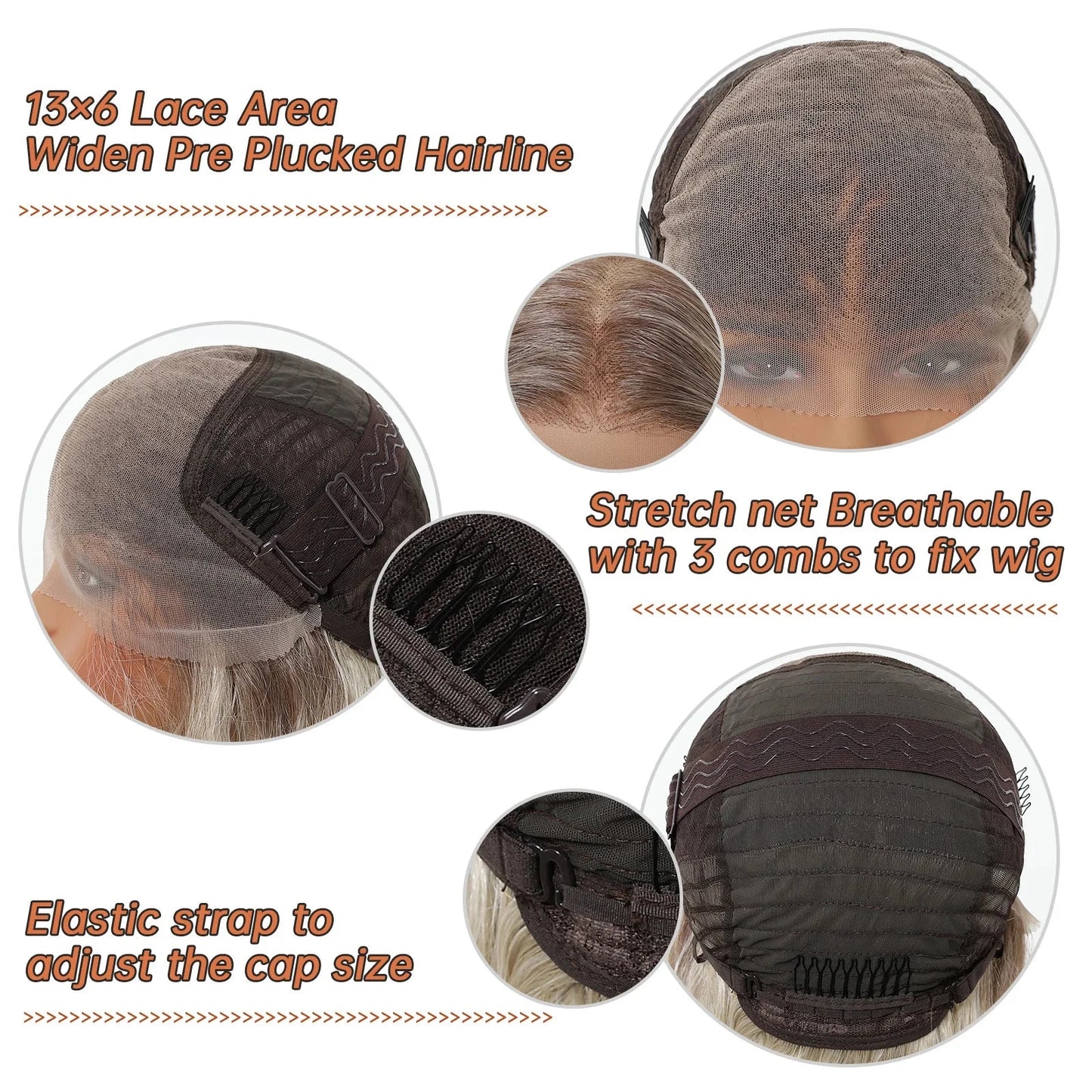 Wig cap with lace area, stretch net, and elastic strap for adjusting size on a white background.
