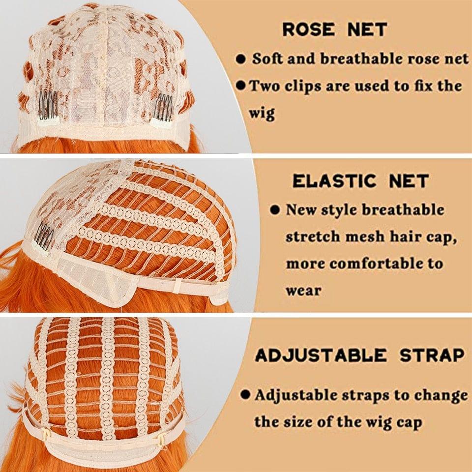 Wig cap with rose net, elastic net, and adjustable strap features on a beige background.
