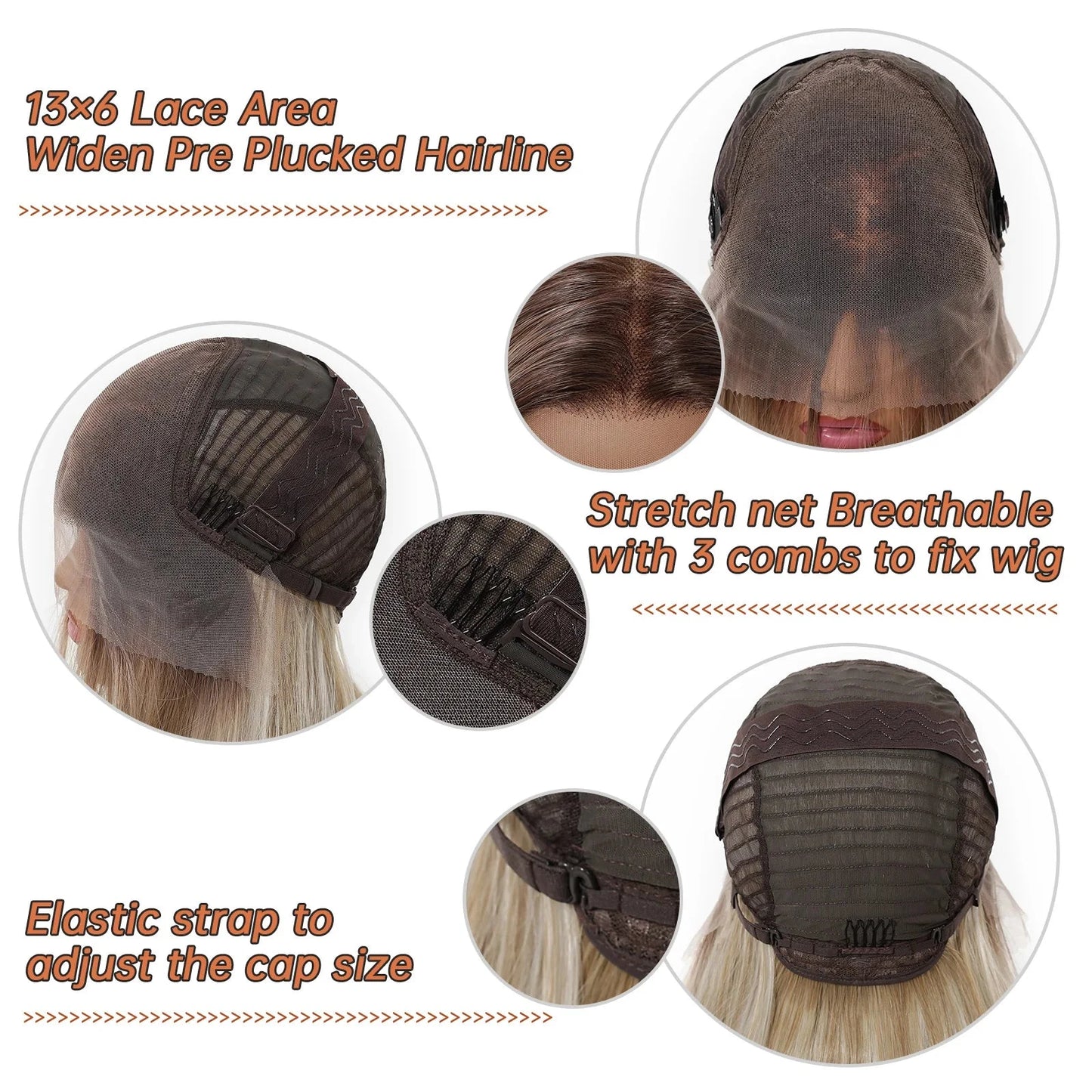 Wig cap with stretch net, lace area, and elastic strap for adjusting size on a white background.