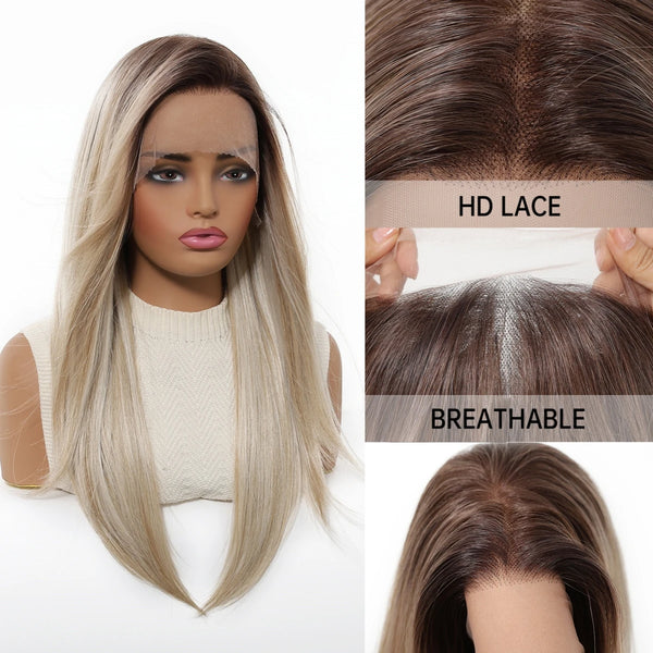 Wig with HD lace and breathable material, displayed on a mannequin and close-up shots.