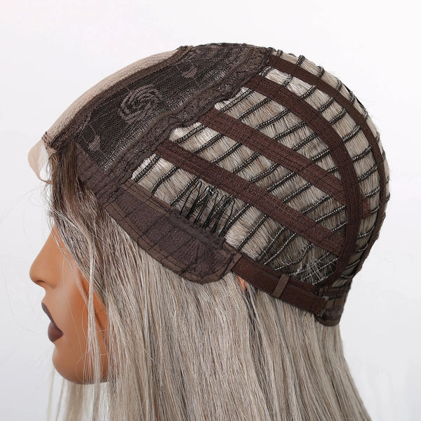 Wig with lace front and ash blonde  hair on a mannequin head against a white background