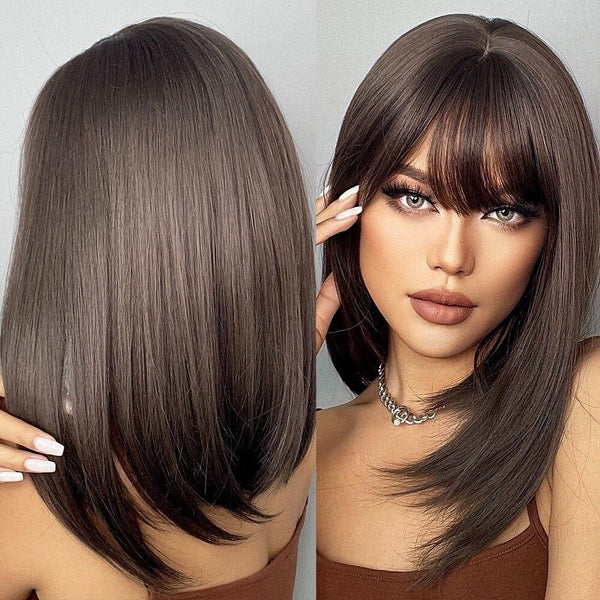 Woman wearing Brunette Wig with Fringe and a close-up of the hair on a gray background