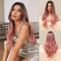 Woman wearing a Long Pink Wig in a kitchen setting, with close-up shots of the wig on a white background.
