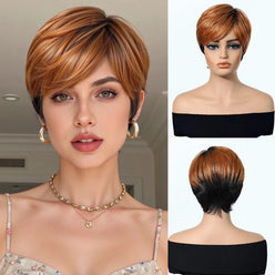 Woman wearing a styled wig with close-up views on a mannequin head.