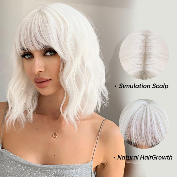 Woman wearing a white wig with close-up insets showing simulation scalp and natural hair growth.