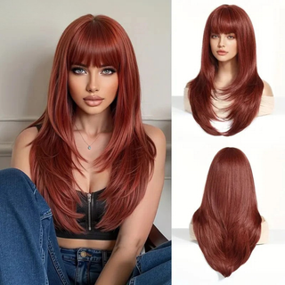 Woman wearing long bright red synthetic wig with bangs