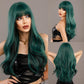 Woman wearing long green wig styled in different ways on a gray background