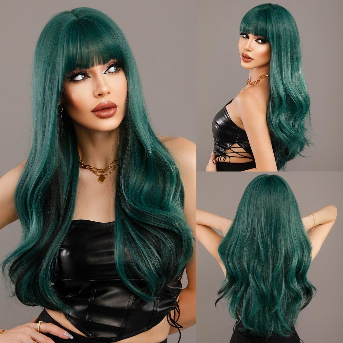 Woman wearing long green wig styled in different ways on a gray background