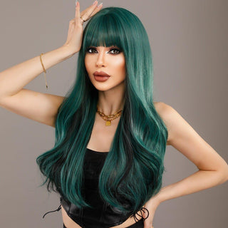 Woman with Green Wig posing against a neutral background