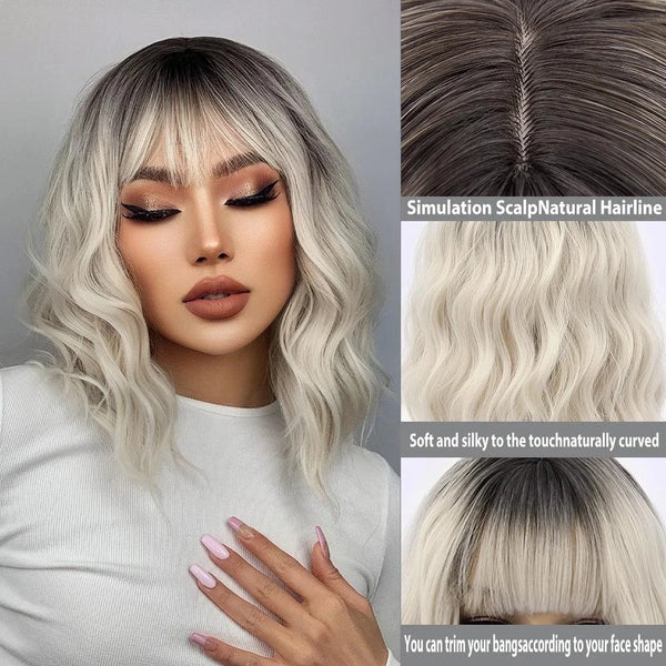 Woman with Platinum Blonde Wigs close-up details of hair texture and color.