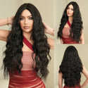 Woman with Wavy Black Wig wearing a red dress, shown from front, side, and back views.