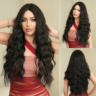 Woman with Wavy Black Wig wearing a red dress, shown from front, side, and back views.
