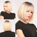 Woman with a blonde bob wig shown from multiple angles on a white background