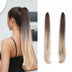Woman with a long, ombre hairpiece and two views of the hairpiece on a white background.