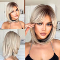Woman with a styled blonde wig shown from different angles.