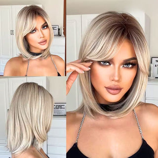 Woman with a styled blonde wig shown from different angles.