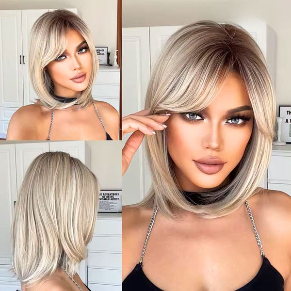Woman with a styled blonde wig shown from different angles.