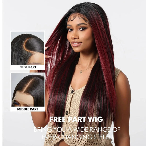 Woman with a styled wig, showing side and middle part options, on a white background.