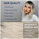 Woman with a synthetic wig labeled for hair quality and features, with close-up of wig texture.