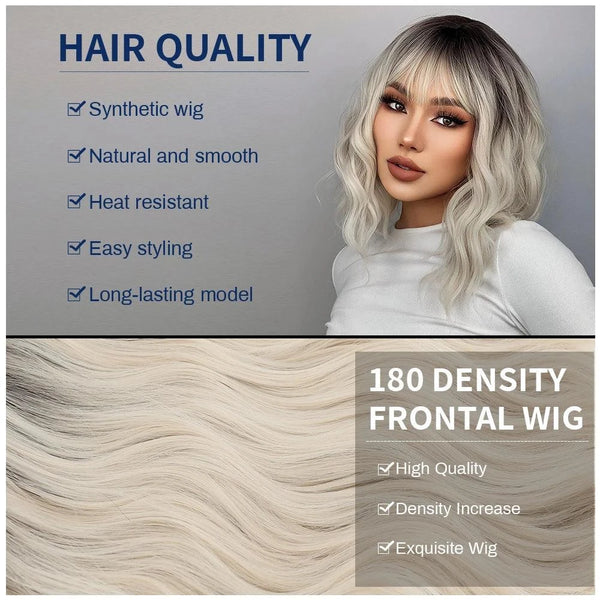 Woman with a synthetic wig labeled for hair quality and features, with close-up of wig texture.