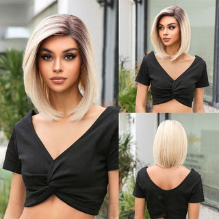 Woman with blonde bob wig wearing a black top, shown from front, side, and back views.