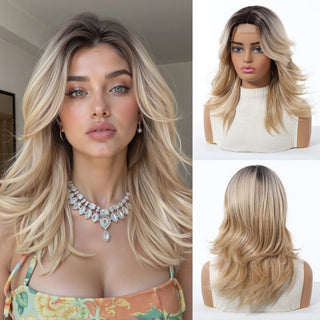 Woman with blonde synthetic wig on a mannequin head.