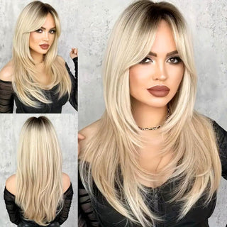 Woman with blonde wig with bangs styled in different ways against a neutral background