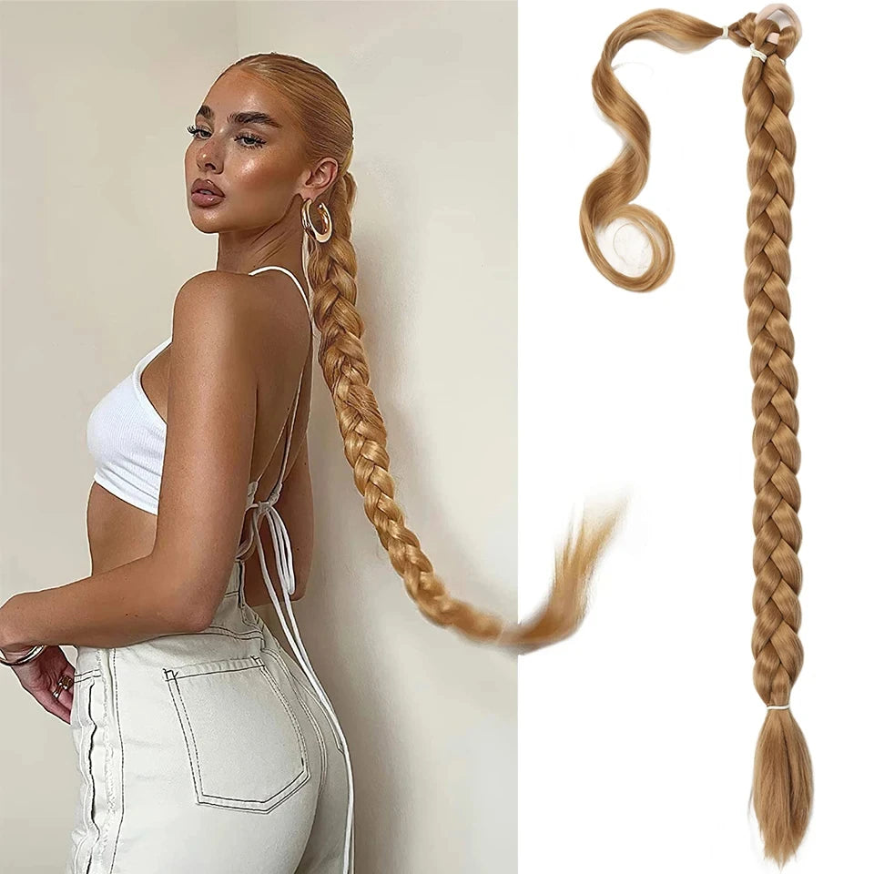 Woman with braided hair next to a blonde braided hair extension on a beige background