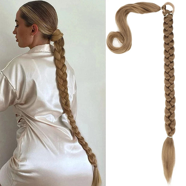 Woman with braided hair next to a blonde hair extension in a braid