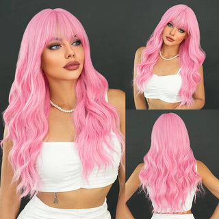 Woman with curly pink wig shown from front, side, and back views against a dark background.