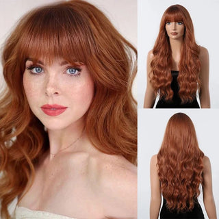 Woman with dark copper red wig and a mannequin head with similar hair, on a white background.