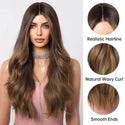 Woman with long brown wig labeled 'Realistic Hairline', 'Natural Wavy Curl', and 'Smooth Ends' on a white background.