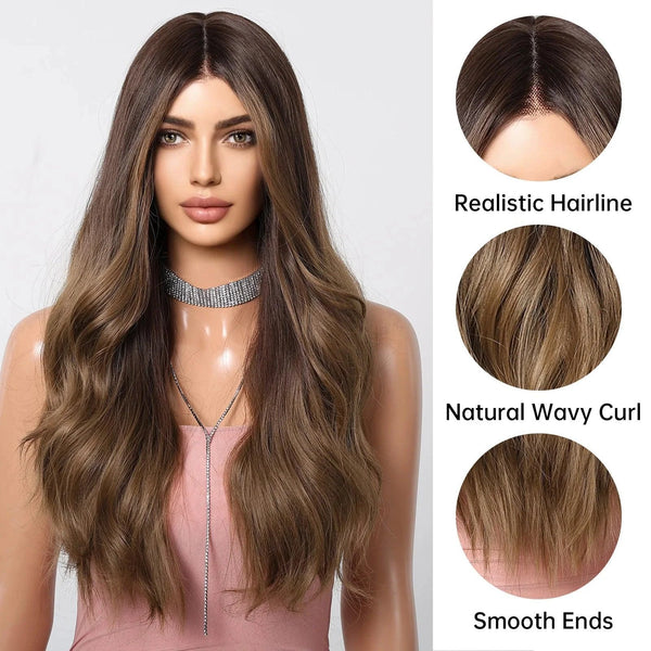 Woman with long brown wig labeled 'Realistic Hairline', 'Natural Wavy Curl', and 'Smooth Ends' on a white background.