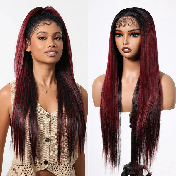 Woman with long burgundy wig next to a mannequin head with similar hair on a white background