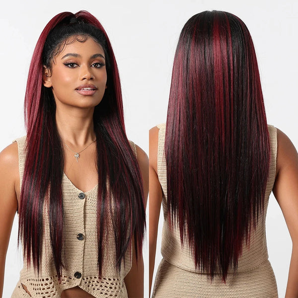 Woman with long, straight red hair wig transitioning from black to red, shown from front and side views.