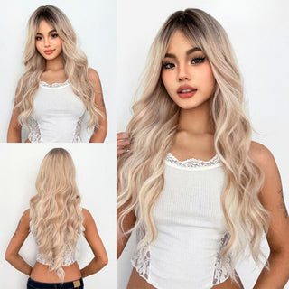 Woman with long, wavy blonde hair wig wearing a white top on a white background