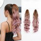 Woman with pink and brown ombre hair ponytail extension and the extension itself on a white background.