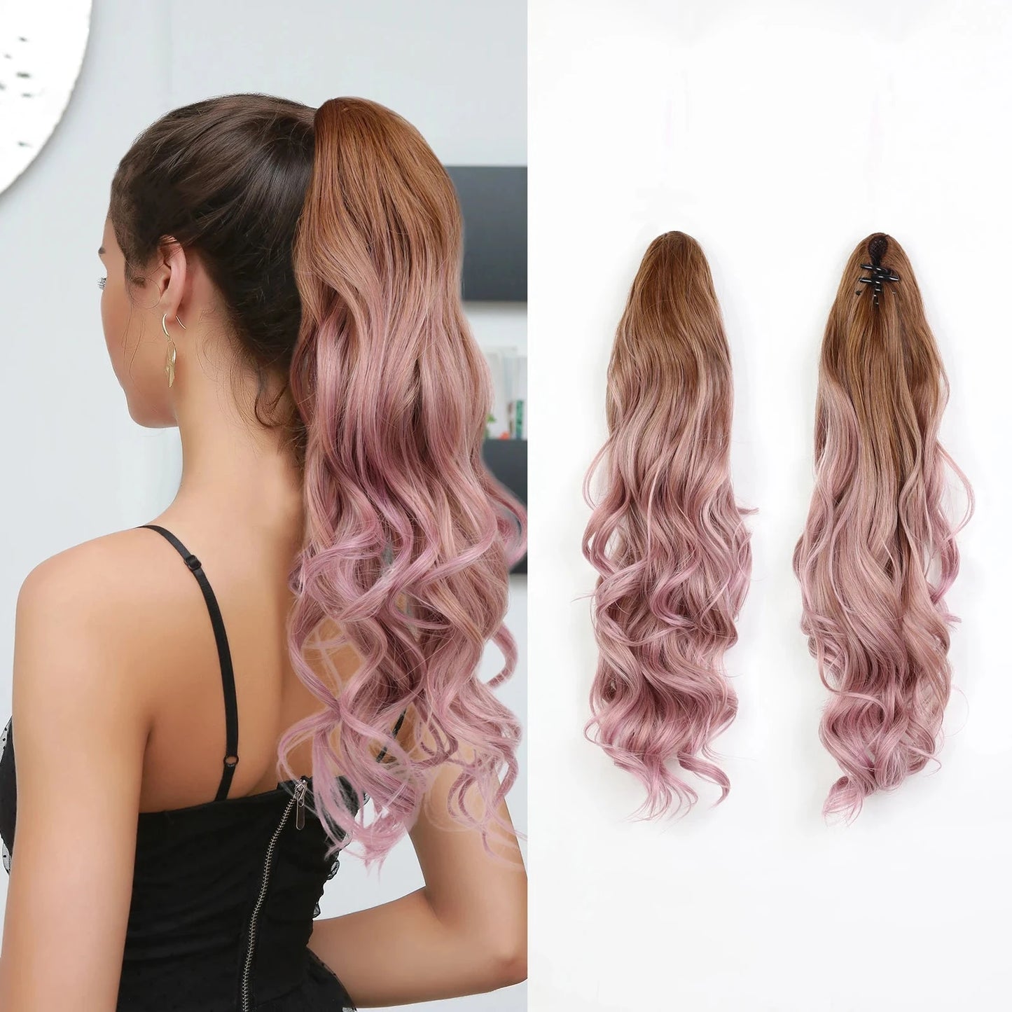Woman with pink and brown ombre hair ponytail extension and the extension itself on a white background.