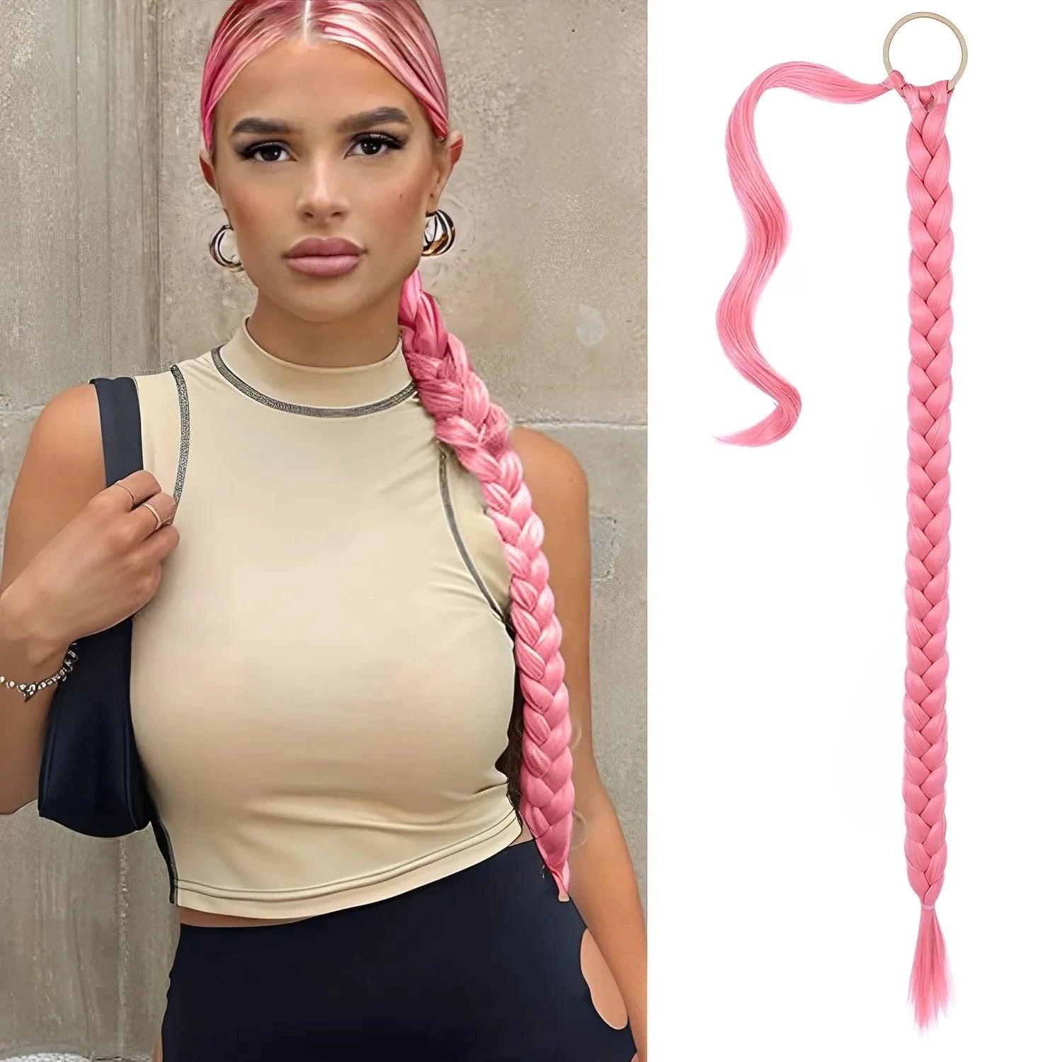 Woman with pink braided hair extensions and a close-up of the extensions on a white background.