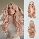 Woman with pink lace wig and close-up of the wig on a mannequin head.