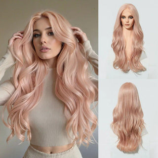 Woman with pink lace wig and close-up of the wig on a mannequin head.