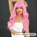 Woman with pink wig showing measurement details on a dark background