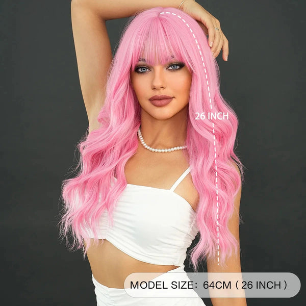 Woman with pink wig showing measurement details on a dark background
