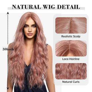 Woman with pink wig, showing wig details like scalp, lace hairline, and curls on a white background.